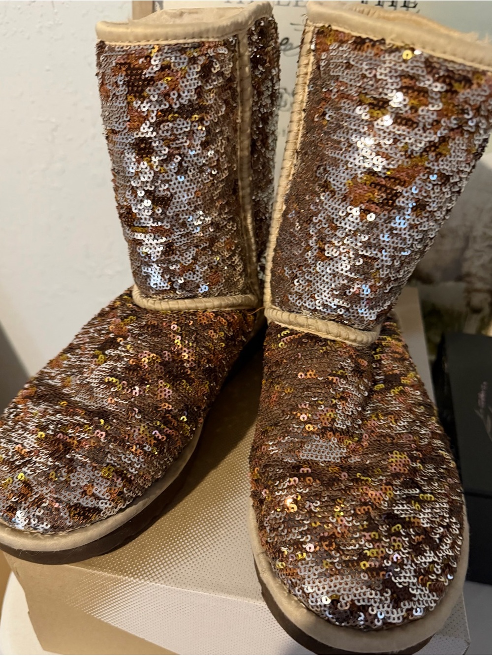 UGG Sequined Mid-Calf Boots in Rose Gold and Gold Tones